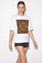 Women's Ethnic Patterned Bead Embroidered Print Detailed Oversize t Shirt White - 3