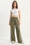 Women's Striped Elastic Waist Seasonal Palazzo Khaki Trousers with Pocket Detail - 7