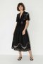 Women's Embroidered Tie-Dye Detailed Lined Midi Skirt Blouse Linen Black Set - 4