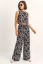 Women's Embroidered Elastic Balloon Crop Blouse Wide Leg Black Suit - 4