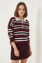 Women's Polo Neck Knitwear Burgundy Cream Sweater - 5
