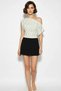 Women's Asymmetrical Waist-Fitted Viscose Bat Sleeve Ecru Black Blouse - 3