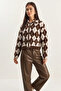 Women's Diamond Patterned Collared Zippered Knitwear Brown Ecru Cardigan - 6