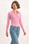 Women's Body-Hugging Half-Zip Ribbed Polo Collar Basic Candy Pink Blouse - 3