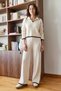 Women's Striped Knitwear Beige Top and Bottom Set - 5