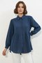 Women's Drawstring Waist Zipper Detailed Oversize Linen Navy Blue Shirt - 5