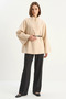Women's Gold Button Detailed Stand Collar Belted Poncho Beige - 5