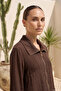 Collar Shiny Fabric Detail Shirt Trousers Set 1026 Brown - 4