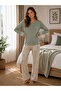 Women's Long Sleeve'Love' Printed Wildflower Pattern Lace Detailed Pajama Set - 4