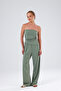 Set - Asymmetrical cut, ruched, slit-detail strapless-neck top. Pants with elastic waistband. - 3