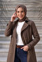Women's Degaje Collar Half-Length Hijab Lined Belted Water-Repellent Fabric Trench Coat Milk Coffee - 3