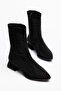 Women's Black Suede Stone-Embellished Stylish Pointed Toe Thick Short Heel Zipper Boots - 2