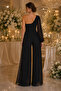 Women's Single Tulle Sleeve Draped Chiffon Fabric Lined Black Evening Dress Jumpsuit 1336 - 3