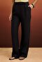 Siyah  %100 Keten Pileli Yüksek Bel Wide Leg Pantolon TWOSS26PL00050 - 3