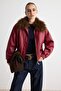 Bordo Oversize Kalıp Çıkarılabilir Kürk Yakalı Yumuşak Suni Deri Mont TWOAW27MO00040 - 2