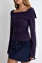 Lacivert Çizgili Fitted Carmen Yaka Düşük Kol Viskon Ribana Örme Bluz TWOAW27BZ00083 - 3