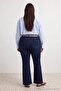 Özel Koleksiyon Koyu Mavi Yüksek Bel Nervürlü İspanyol Paça Büyük Beden Flare Jeans TBBAW26CJ00013 - 3