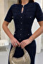 Women's Navy Blue Glitter Lined Short Sleeve Summer Fabric Long Elegant Knitwear Dress (S/M) - 2