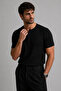 Men's Black Henley Collar Short Sleeve Premium Cotton Ribbed T-Shirt - 2
