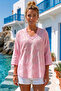 Pink V-Neck 3/4 Sleeve Sequined Pocketed Embroidered Casual Cotton Woven Blouse 71 55