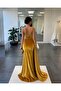 Velvet Stretch Fabric Drape Front Pleated Detail Strap Evening Dress Gold 582334 - 2