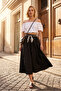 Cotton Black Midi Skirt with Pockets and Belt - 5