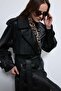 Black Textured Faux Leather Trench Coat - 4