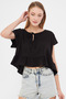 Women's Black Bat Sleeve Collar Tie Skirt Ruffle Oversize Crop Blouse Arm-24Y001088 - 4