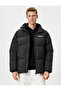 Puffer Jacket Stand Collar Slogan Printed Zippered Pocket Detail - 3