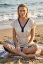 Women's Beige Navy Bordered Linen Effect Natural Sheer Cotton Beach Dress - 3