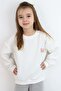 Girl's Sweatshirt Waffle Textured Heart Pompom Emblem Detail 5-9 Years, Ecru - 4