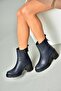 R654006503 Navy Blue Genuine Leather Thick Heeled Women's Boots - 2