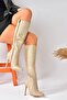 Beige Suede Thin Heeled Pointed Toe Women's Boots N372530102 - 2
