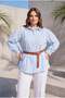 Balloon Sleeve Pompom Detailed Women's Plus Size Shirt Blue - 3