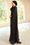 Yoryo Silk Hijab Evening Dress with Stone Collar and Cape Detail Black 1247 - 5