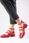 Baylee Red Color Patent Leather 3-Stripes Blunt Toe Women's Short Heeled Shoes - 4