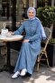 Women's Buttoned Stone Embroidered Lace-Up Light Blue Denim Dress - 5