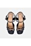 Women's Black Square-Toe Double Buckle Heeled Leather Sandals - 6