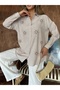 Women's Striped Fabric Front Embroidered Beading Oversized Shirt - 4