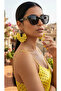 Gold Color Hoop Dangle Earrings – Yellow Black Polka Dot Satin Fabric Beaded Design - 3