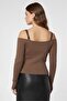 Women Square Neck Long Sleeve Metallic Top, Brown - 4