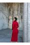 Flexible Sandy Fabric Tulle Neckline Detail High Neck Long Sleeved Midi Length Pencil Dress Red 583154 - 4
