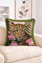 Green Fringed Throw Pillow Cover with Leopard Face and Pink Orchid Flower Pattern - Modern Decorative Pillow Cover