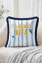 La Dolce Vita Written Bird Figured Striped Modern Fringed Throw Pillow Cover - Decorative Pillowcase