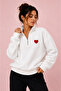 Half Zipper Stand Collar Heart Printed White Women's Sweatshirt