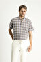 Short Sleeve Regular Fit Plaid Sports Cotton Button Collar Shirt