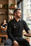 Men's Black Non-Pilling Standard Fit Regular Cut Embroidery Pattern Polo Neck Knitwear Sweater - 5