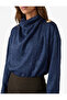 Textured Satin Blouse with Metal Accessories, Draped High Collar, Long Sleeves - 5