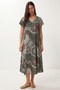 Patterned Draped Summer Viscose Dress Lrn0040 Khaki Brown - 3