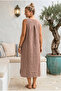 Light Brown Biritli Collar Sleeveless Buttoned Slit Casual Linen Look Woven Dress 125 58 - 4